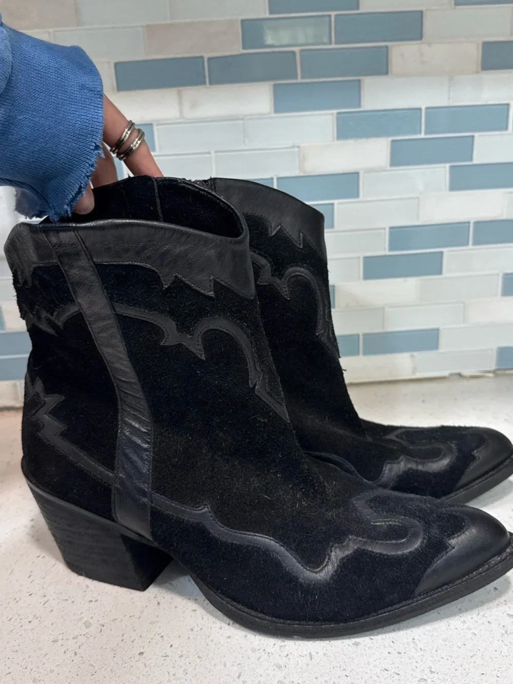 Reba Black Suede & Leather Western Ankle Boots